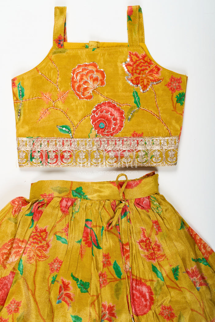 The Nesavu Girls Lehenga Choli Girls Yellow Lehenga for Reception with Floral Digital Prints and Embellished Waistband Nesavu Nesavu Girls Yellow Lehenga Reception Floral Digital Prints Embellished Waistband