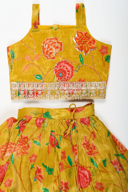 The Nesavu Girls Lehenga Choli Girls Yellow Lehenga for Reception with Floral Digital Prints and Embellished Waistband Nesavu Nesavu Girls Yellow Lehenga Reception Floral Digital Prints Embellished Waistband
