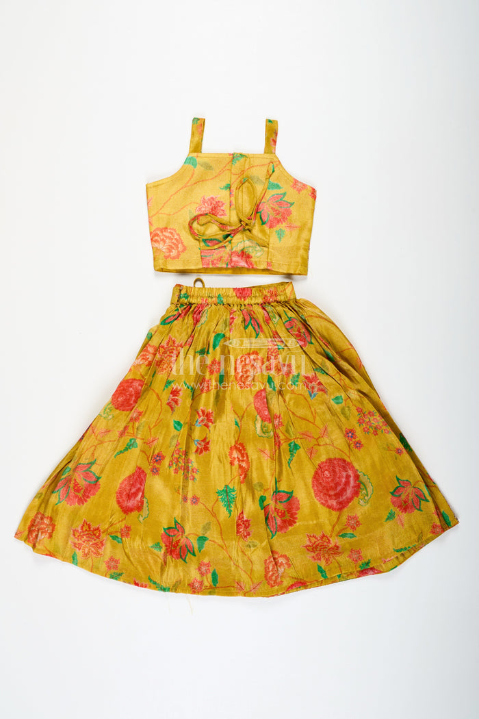 The Nesavu Girls Lehenga Choli Girls Yellow Lehenga for Reception with Floral Digital Prints and Embellished Waistband Nesavu Nesavu Girls Yellow Lehenga Reception Floral Digital Prints Embellished Waistband