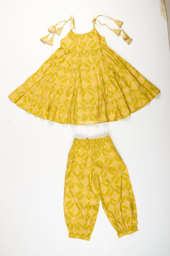 The Nesavu Girls Sharara / Plazo Set Girls Yellow Sharara Set with Printed Tiered Kurti for Festive Dressing Nesavu Nesavu girls yellow cotton sharara set with tiered flared kurti and digital print for festive wear