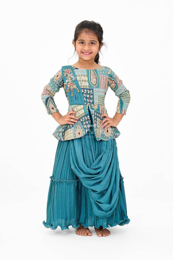 The Nesavu Girls Silk Gown Gold Puff Sleeve Girls Silk Gown with Intricate Red Border and Floral Waist Embroidery Nesavu 20 (3Y) / Gold GA270A-20 Nesavu Girls Gold Tissue Silk Gown Red Border Puff Sleeves Embroidered Floral Waist