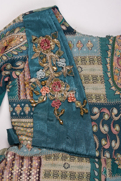 The Nesavu Girls Silk Gown Gold Puff Sleeve Girls Silk Gown with Intricate Red Border and Floral Waist Embroidery Nesavu Nesavu Girls Gold Tissue Silk Gown Red Border Puff Sleeves Embroidered Floral Waist