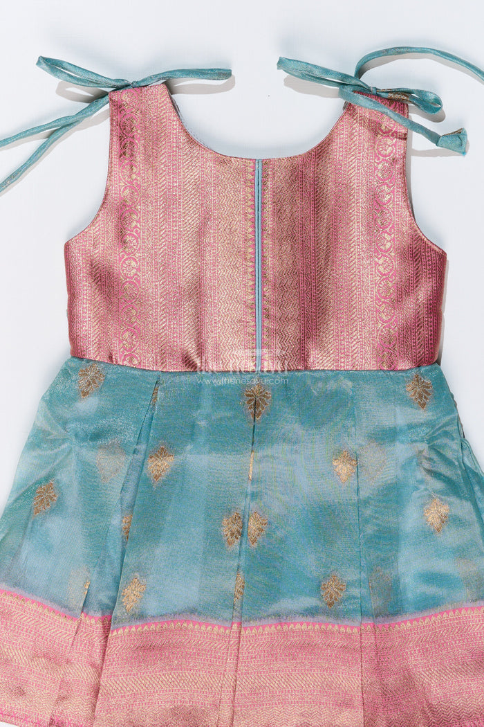 The Nesavu Silk Frock Graceful Girls Soft Silk Frock in Banarasi Jacquard with Dual-Tone Elegance Nesavu Nesavu Girls Soft Silk Frock Banarasi Jacquard Gold Zari Tie-Up Details