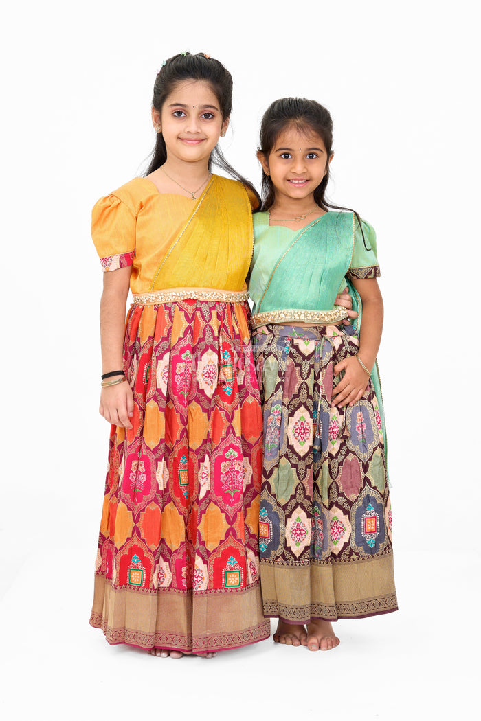 The Nesavu Girls Lehenga Choli Graceful Green and Gold Silk Lehenga Choli for Girls with Traditional Motifs Nesavu Nesavu Green Gold Silk Lehenga Choli Girls Traditional Motifs