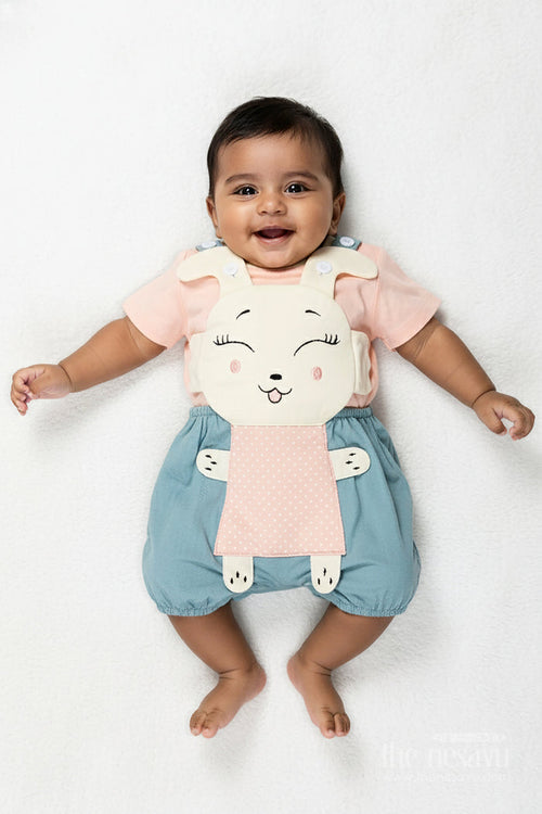 The Nesavu Boys Casual Set Green Casual Dress Set for Boys in Cotton with Playful Bunny Applique and Contrast Peach Tee Nesavu 14 (6M) / Green BCS302A-14 Nesavu Green Casual Dress Set Boys Cotton Bunny Applique Peach Tee