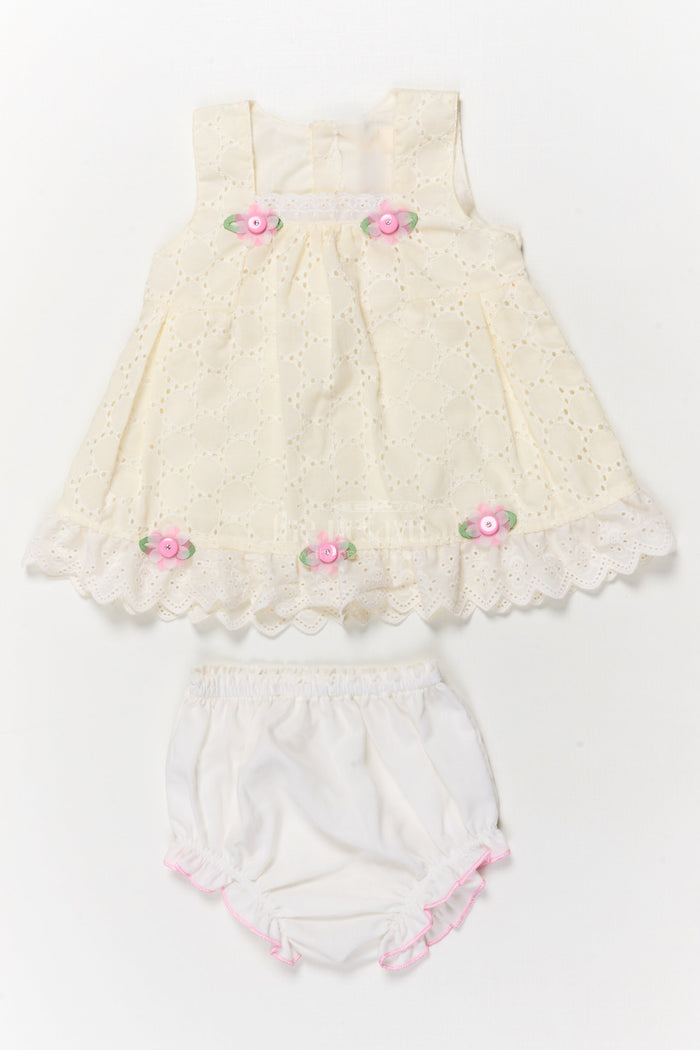 The Nesavu Baby Cotton Frocks Hakoba Frock with Bloomers for Baby Girls’ First Outings Nesavu 14 (6M) / Yellow / Cotton Blend BFJ915A-14 Nesavu baby hakoba frock with floral details and bloomers for first outings and gifting