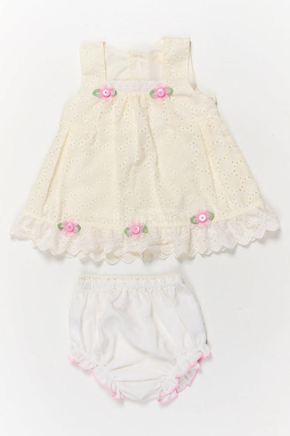 The Nesavu Baby Cotton Frocks Hakoba Frock with Bloomers for Baby Girls’ First Outings Nesavu 14 (6M) / Yellow / Cotton Blend BFJ915A-14 Nesavu baby hakoba frock with floral details and bloomers for first outings and gifting