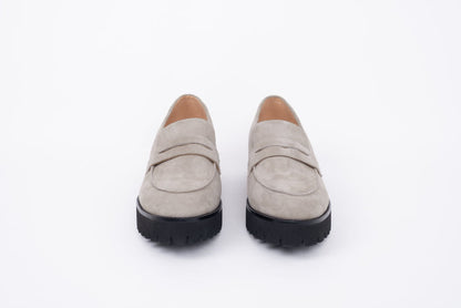 front shot of womens taupe suede chunky loafer available in sizes 8 9 10 11 12