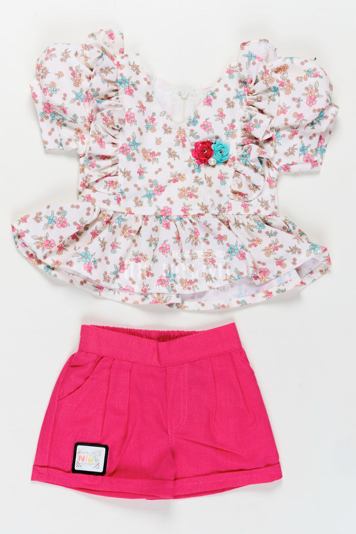 The Nesavu Baby Casual Sets Infant Clothing Online White Floral Kora Cotton Top with Ruffle Sleeves and Pink Shorts Set Nesavu 18 (2Y) / Pink BFJ802A-18 Nesavu Infant Clothing Online Floral Printed Kora Cotton Top Pink Shorts Baby Girls