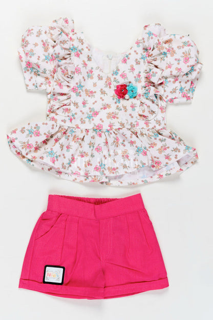 The Nesavu Baby Casual Sets Infant Clothing Online White Floral Kora Cotton Top with Ruffle Sleeves and Pink Shorts Set Nesavu 18 (2Y) / Pink BFJ802A-18 Nesavu Infant Clothing Online Floral Printed Kora Cotton Top Pink Shorts Baby Girls