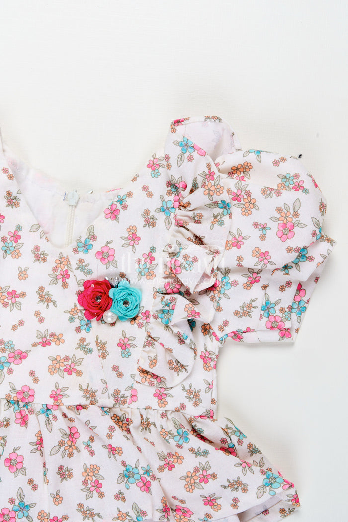 The Nesavu Baby Casual Sets Infant Clothing Online White Floral Kora Cotton Top with Ruffle Sleeves and Pink Shorts Set Nesavu Nesavu Infant Clothing Online Floral Printed Kora Cotton Top Pink Shorts Baby Girls