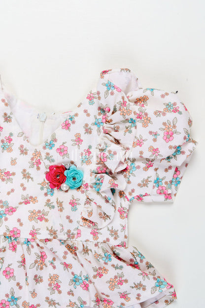 The Nesavu Baby Casual Sets Infant Clothing Online White Floral Kora Cotton Top with Ruffle Sleeves and Pink Shorts Set Nesavu Nesavu Infant Clothing Online Floral Printed Kora Cotton Top Pink Shorts Baby Girls