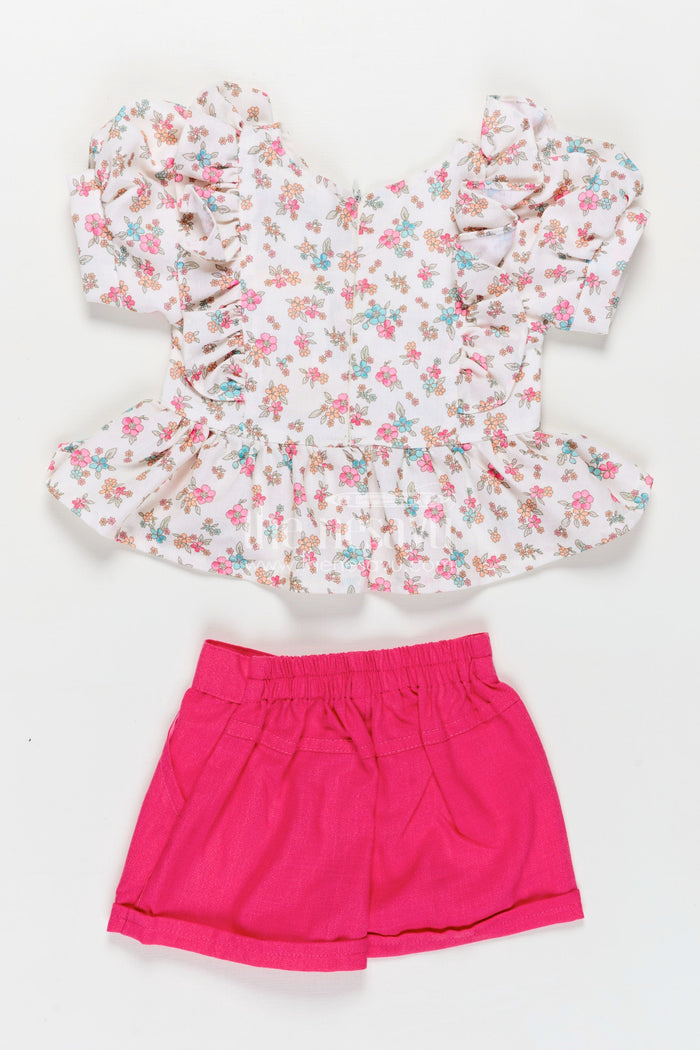 The Nesavu Baby Casual Sets Infant Clothing Online White Floral Kora Cotton Top with Ruffle Sleeves and Pink Shorts Set Nesavu Nesavu Infant Clothing Online Floral Printed Kora Cotton Top Pink Shorts Baby Girls