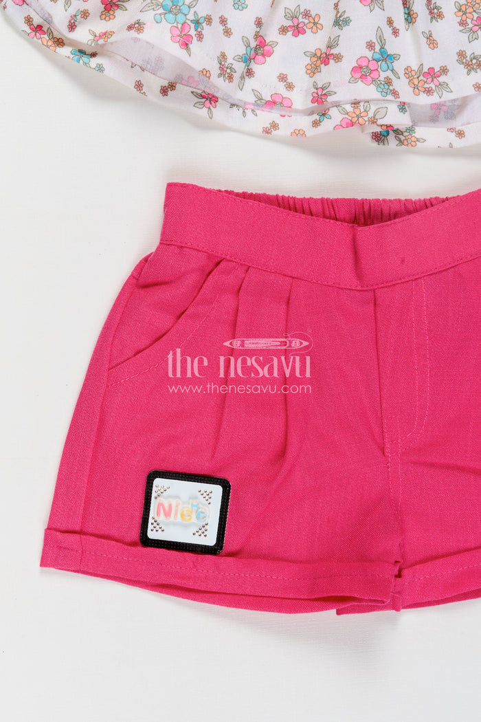 The Nesavu Baby Casual Sets Infant Clothing Online White Floral Kora Cotton Top with Ruffle Sleeves and Pink Shorts Set Nesavu Nesavu Infant Clothing Online Floral Printed Kora Cotton Top Pink Shorts Baby Girls