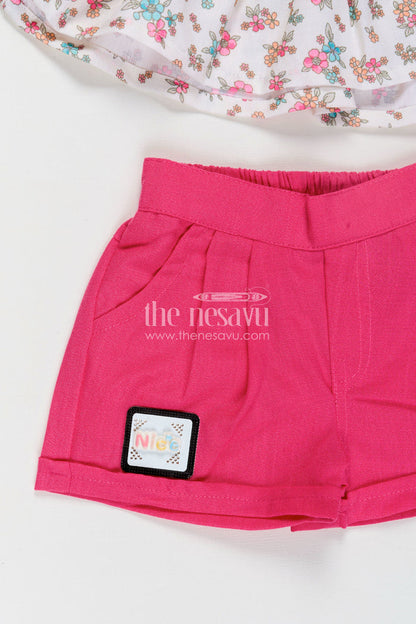 The Nesavu Baby Casual Sets Infant Clothing Online White Floral Kora Cotton Top with Ruffle Sleeves and Pink Shorts Set Nesavu Nesavu Infant Clothing Online Floral Printed Kora Cotton Top Pink Shorts Baby Girls