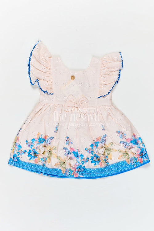 The Nesavu Baby Cotton Frocks Infant Occasion Dress for Baby Girl in Cream Hakoba Cotton with Blue Floral Hem and Ruffled Sleeves Nesavu 14 (6M) / Blue BFJ807B-14 Nesavu Infant Occasion Cotton Frock Baby Girl Blue Floral Print Ruffle Sleeves Hakoba Fabric