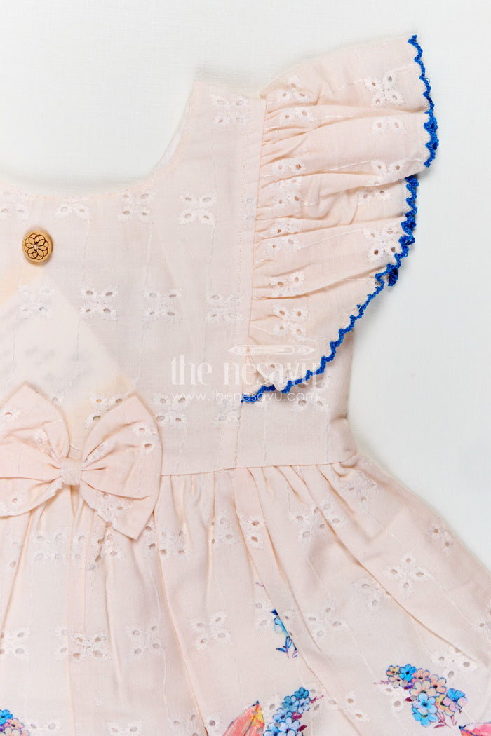 The Nesavu Baby Cotton Frocks Infant Occasion Dress for Baby Girl in Cream Hakoba Cotton with Blue Floral Hem and Ruffled Sleeves Nesavu Nesavu Infant Occasion Cotton Frock Baby Girl Blue Floral Print Ruffle Sleeves Hakoba Fabric