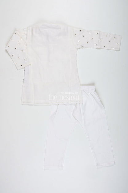The Nesavu Boys Kurtha Set Ivory Chanderi Kurta Set for Boys with Mirror Work for Special Occasions Nesavu Nesavu Boys Ivory Chanderi Kurta Set Mirror Work Ethnic Festive Wear Toddlers