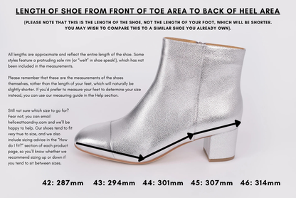 Measurement diagram displaying lengths of womens large size shoes in sizes 42,43,44,45 and 46.