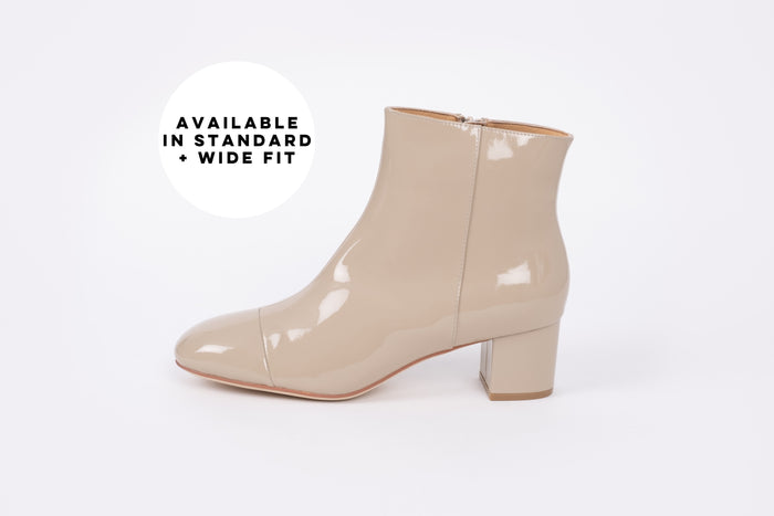 Side profile of Izzie boot in Taupe. A womens low-heel ankle boot available in larger UK sizes 8-12
