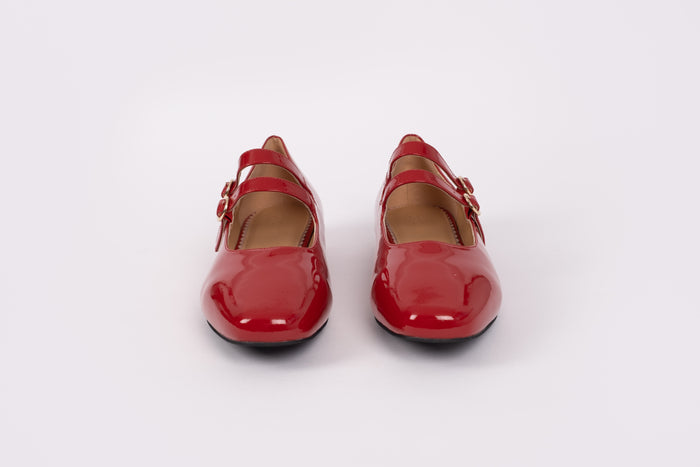 Front shot of Jemima Flat in red, 2 strap red leather shoe available in womens larger sizes UK 8-12