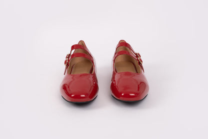 Front shot of Jemima Flat in red, 2 strap red leather shoe available in womens larger sizes UK 8-12