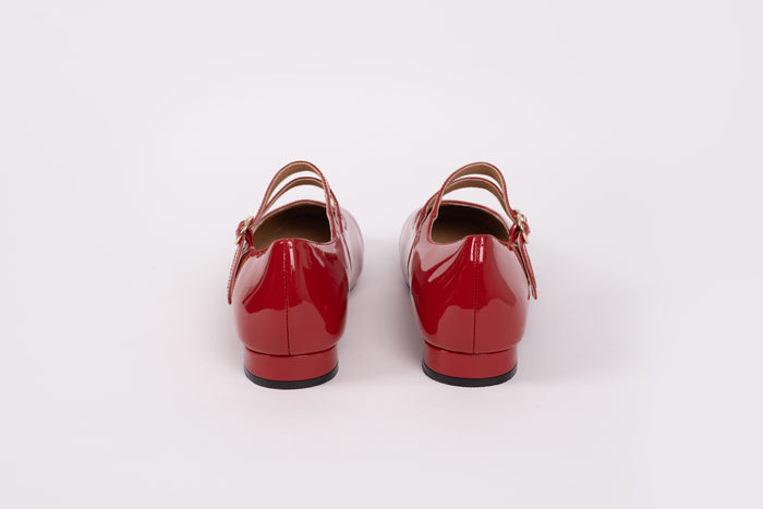 Back shot of Jemima Flat, in red leather, 2 strap Mary Jane pump available in womens UK sizes 8-12