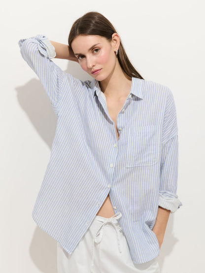 Jo Shirt in Double Gauze - Ivory/Blue Stripe