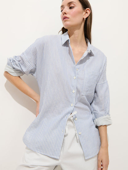 Jo Shirt in Double Gauze - Ivory/Blue Stripe