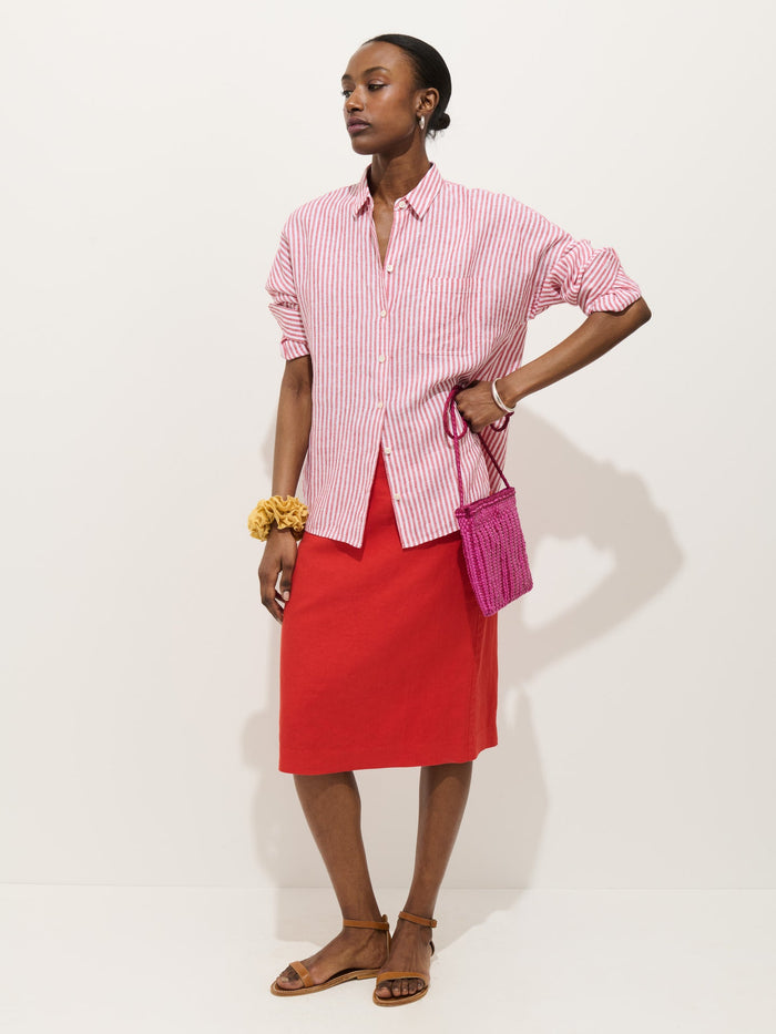 Jo Striped Shirt in Linen - Chili / Ivory