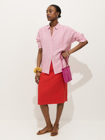 Jo Striped Shirt in Linen - Chili / Ivory