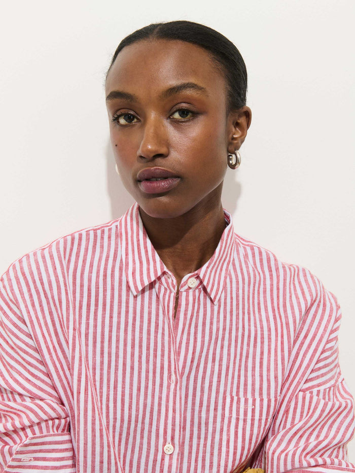Jo Striped Shirt in Linen - Chili / Ivory