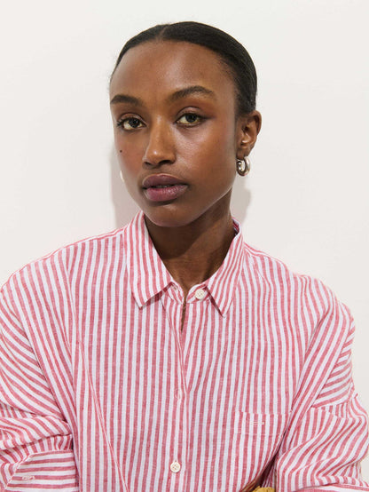 Jo Striped Shirt in Linen - Chili / Ivory