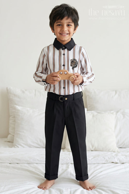 The Nesavu Boys Casual Set Kids Boys Striped Outfit Set for Outings and Everyday Styling Nesavu 16 (1Y) / Pink / Cotton BCS603C-16 Nesavu Kids Boys Striped Outfit Set For Outings Cotton Blend Shirt And Pants Everyday Wear