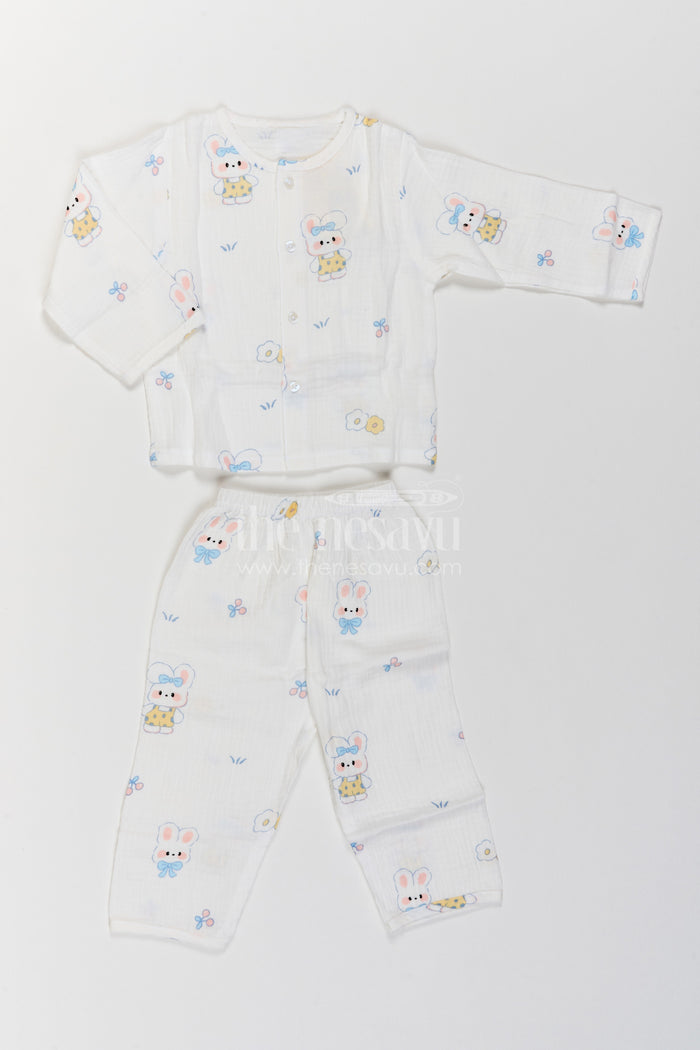 The Nesavu Night Dress Kids Bunny Print Night Suit for Cosy Bedtime and Sleepovers Nesavu 18 (2Y) / White / Muslin NS087A-18 Nesavu Kids Bunny Print Muslin Night Suit For Cosy Bedtime Sleepovers With Full Length Pajama Pants