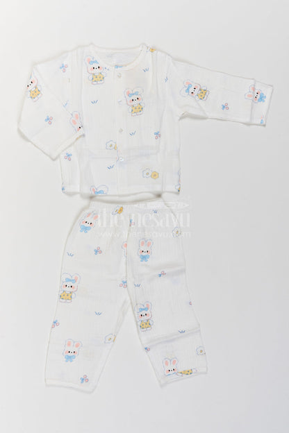 The Nesavu Night Dress Kids Bunny Print Night Suit for Cosy Bedtime and Sleepovers Nesavu 18 (2Y) / White / Muslin NS087A-18 Nesavu Kids Bunny Print Muslin Night Suit For Cosy Bedtime Sleepovers With Full Length Pajama Pants