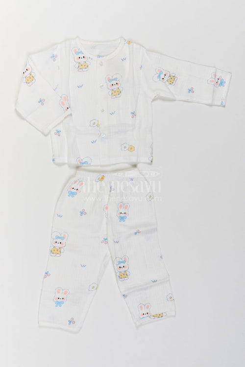 The Nesavu Night Dress Kids Bunny Print Night Suit for Cosy Bedtime and Sleepovers Nesavu 18 (2Y) / White / Muslin NS087A-18 Nesavu Kids Bunny Print Muslin Night Suit For Cosy Bedtime Sleepovers With Full Length Pajama Pants