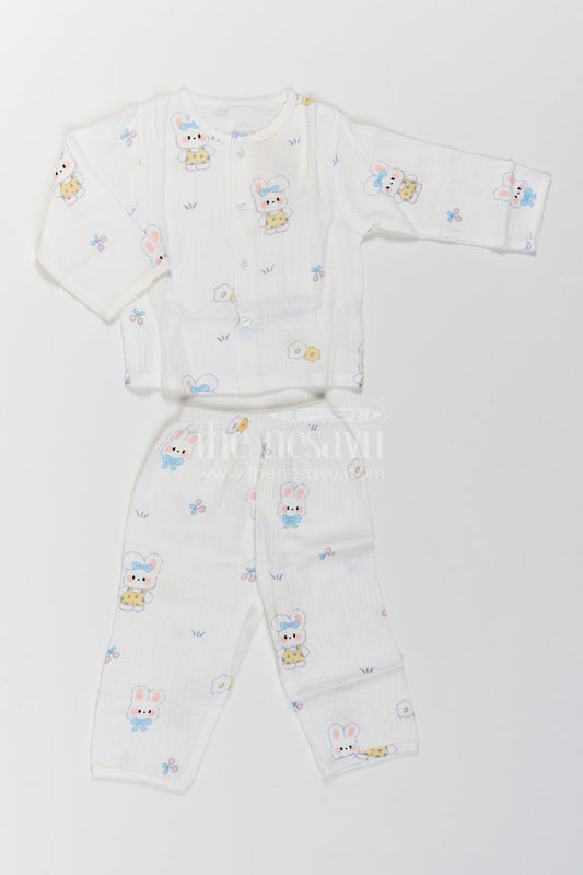 The Nesavu Night Dress Kids Bunny Print Night Suit for Cosy Bedtime and Sleepovers Nesavu 18 (2Y) / White / Muslin NS087A-18 Nesavu Kids Bunny Print Muslin Night Suit For Cosy Bedtime Sleepovers With Full Length Pajama Pants