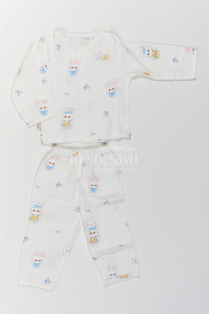 The Nesavu Night Dress Kids Bunny Print Night Suit for Cosy Bedtime and Sleepovers Nesavu Nesavu Kids Bunny Print Muslin Night Suit For Cosy Bedtime Sleepovers With Full Length Pajama Pants