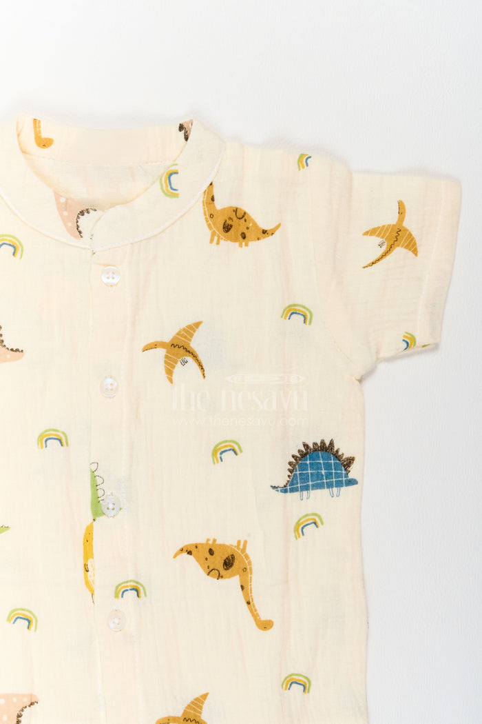 The Nesavu Night Dress Kids Dinosaur Shorts Night Suit for Summer Bedtime and Lounging Nesavu Nesavu Kids Dinosaur Shorts Night Suit In Breathable Muslin For Summer Bedtime Lounging And Sleepovers