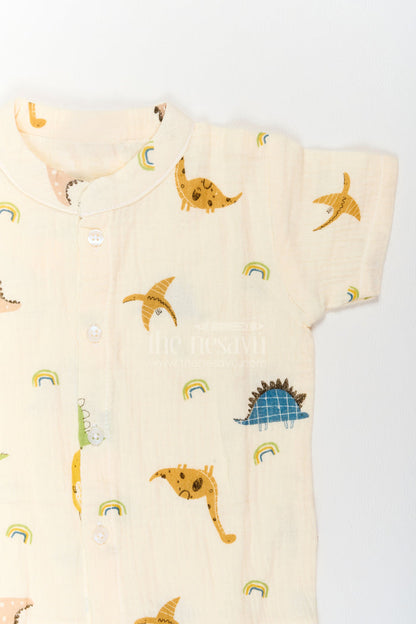 The Nesavu Night Dress Kids Dinosaur Shorts Night Suit for Summer Bedtime and Lounging Nesavu Nesavu Kids Dinosaur Shorts Night Suit In Breathable Muslin For Summer Bedtime Lounging And Sleepovers