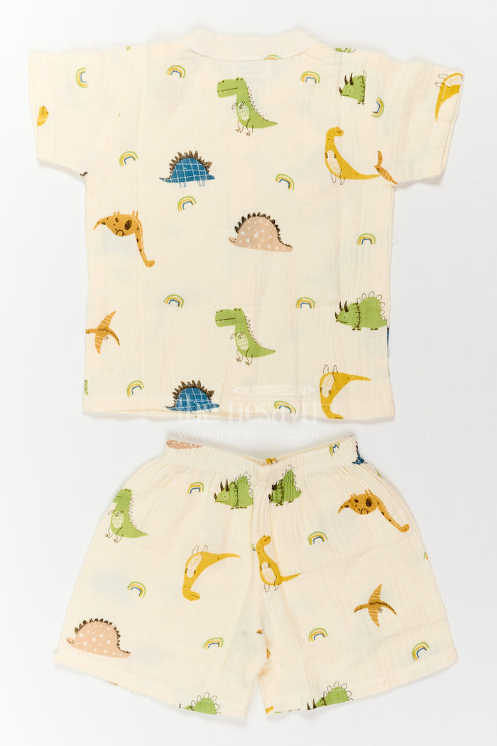 The Nesavu Night Dress Kids Dinosaur Shorts Night Suit for Summer Bedtime and Lounging Nesavu Nesavu Kids Dinosaur Shorts Night Suit In Breathable Muslin For Summer Bedtime Lounging And Sleepovers