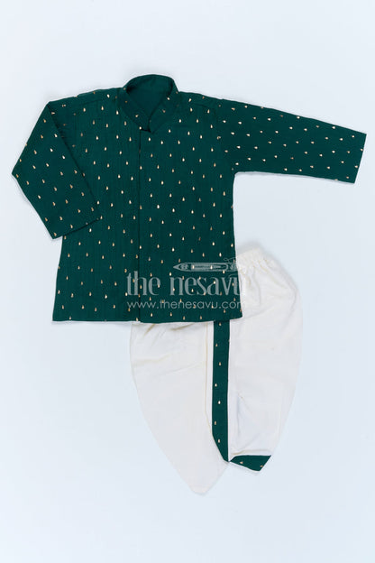 The Nesavu Boys Dothi Set Kids Ethnic Dothi Outfit for Festive Wedding Celebrations Nesavu 10 (NB) / Green / Viscose Silk BES1020B-10 Nesavu Kids Ethnic Dothi Outfit With Foil Print Kurta For Weddings And Festive Occasions