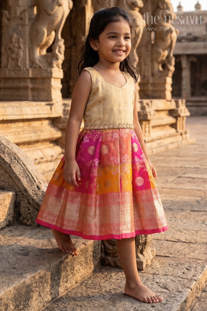 The Nesavu Silk Frock Kids Festive Silk Dress for Traditional Celebrations and Photos Nesavu 18 (2Y) / Cream / Semi Banarasi SF1170A-18 Nesavu Kids Festive Silk Dress With Colorful Woven Skirt For Weddings And Family Celebrations