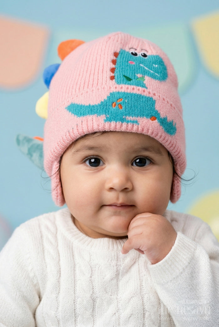 The Nesavu Baby Accessories Kids Rib Knit Beanie Cap with Cute Dinosaur Print Nesavu Pink / Rib Knit IA002B-8 Nesavu Kids Pink Rib Knit Beanie Cap With Dinosaur Pattern | New Born To 6 Months