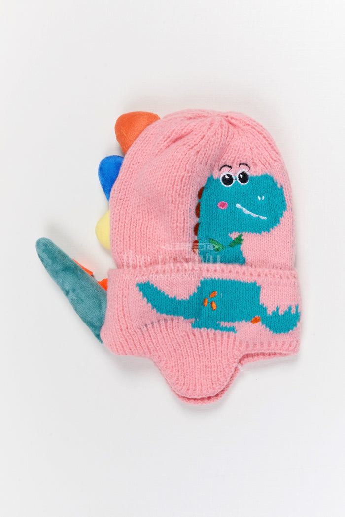 The Nesavu Baby Accessories Kids Rib Knit Beanie Cap with Cute Dinosaur Print Nesavu Pink / Rib Knit IA002B-8 Nesavu Kids Pink Rib Knit Beanie Cap With Dinosaur Pattern | New Born To 6 Months