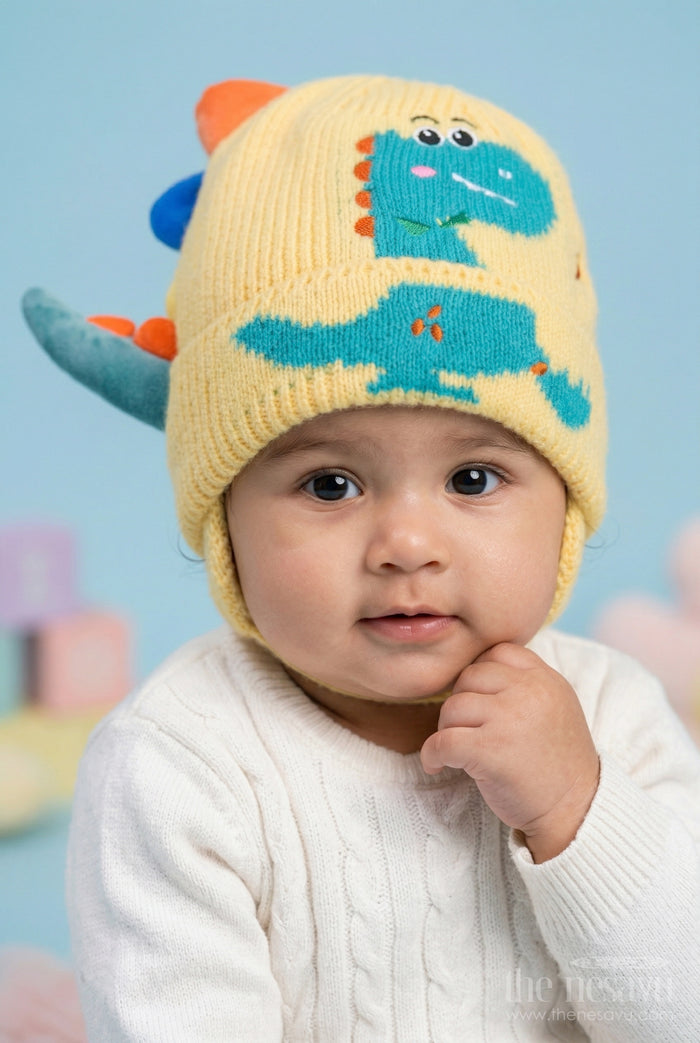 The Nesavu Baby Accessories Kids Rib Knit Beanie Cap with Dinosaur Design Nesavu Yellow / Rib Knit IA002A-8 Nesavu Kids Yellow Rib Knit Beanie Cap With Dinosaur Design | New Born To 6 Months
