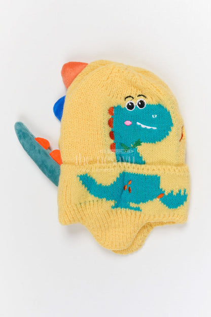 The Nesavu Baby Accessories Kids Rib Knit Beanie Cap with Dinosaur Design Nesavu Yellow / Rib Knit IA002A-8 Nesavu Kids Yellow Rib Knit Beanie Cap With Dinosaur Design | New Born To 6 Months