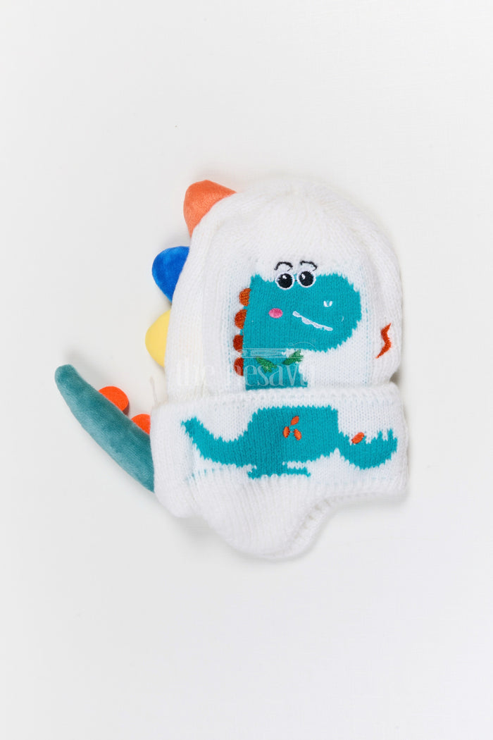 The Nesavu Baby Accessories Kids Rib Knit Beanie Cap with Dinosaur Print Nesavu Half white / Rib Knit IA002D-8 Nesavu Kids Half White Rib Knit Beanie Cap With Dinosaur Design | New Born To 6 Months