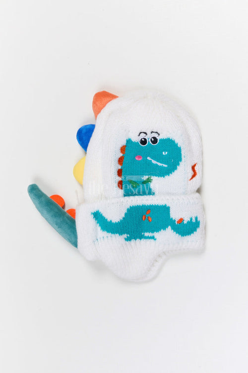 The Nesavu Baby Accessories Kids Rib Knit Beanie Cap with Dinosaur Print Nesavu Half white / Rib Knit IA002D-8 Nesavu Kids Half White Rib Knit Beanie Cap With Dinosaur Design | New Born To 6 Months